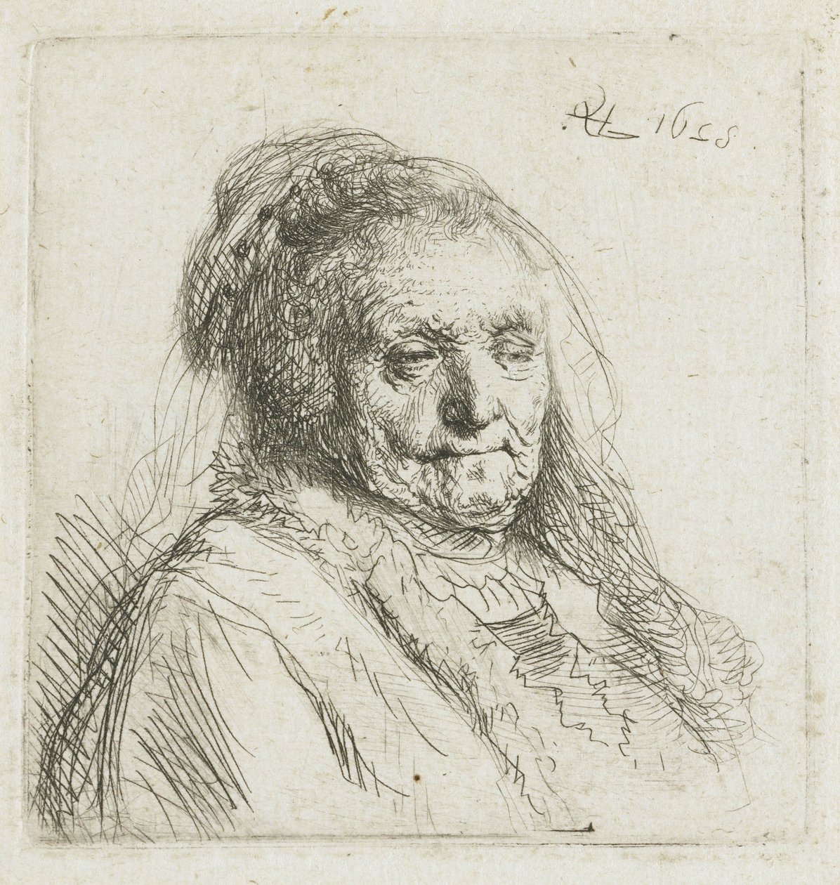 Rembrandts mor, hode og skuldre, tre fjerdedeler til høyre, 1628 av Rembrandt van Rijn