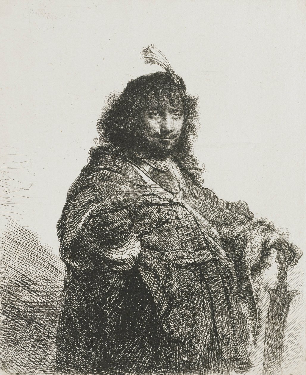 Selvportrett(?) med beret med plymer, lenende hånd på et sverd, 1634 av Rembrandt van Rijn