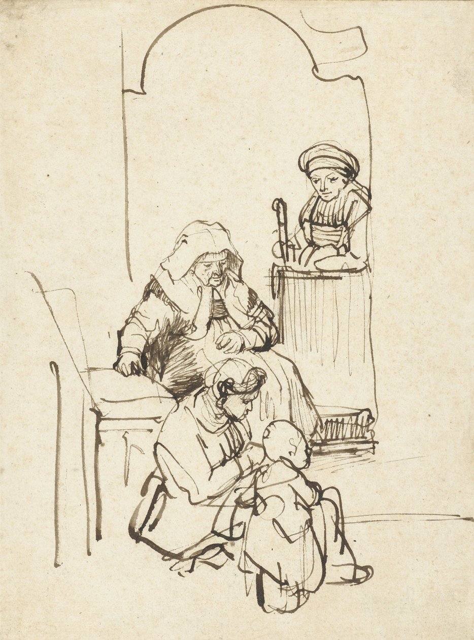 Tre kvinner og et barn ved en dør, ca. 1645 av Rembrandt van Rijn