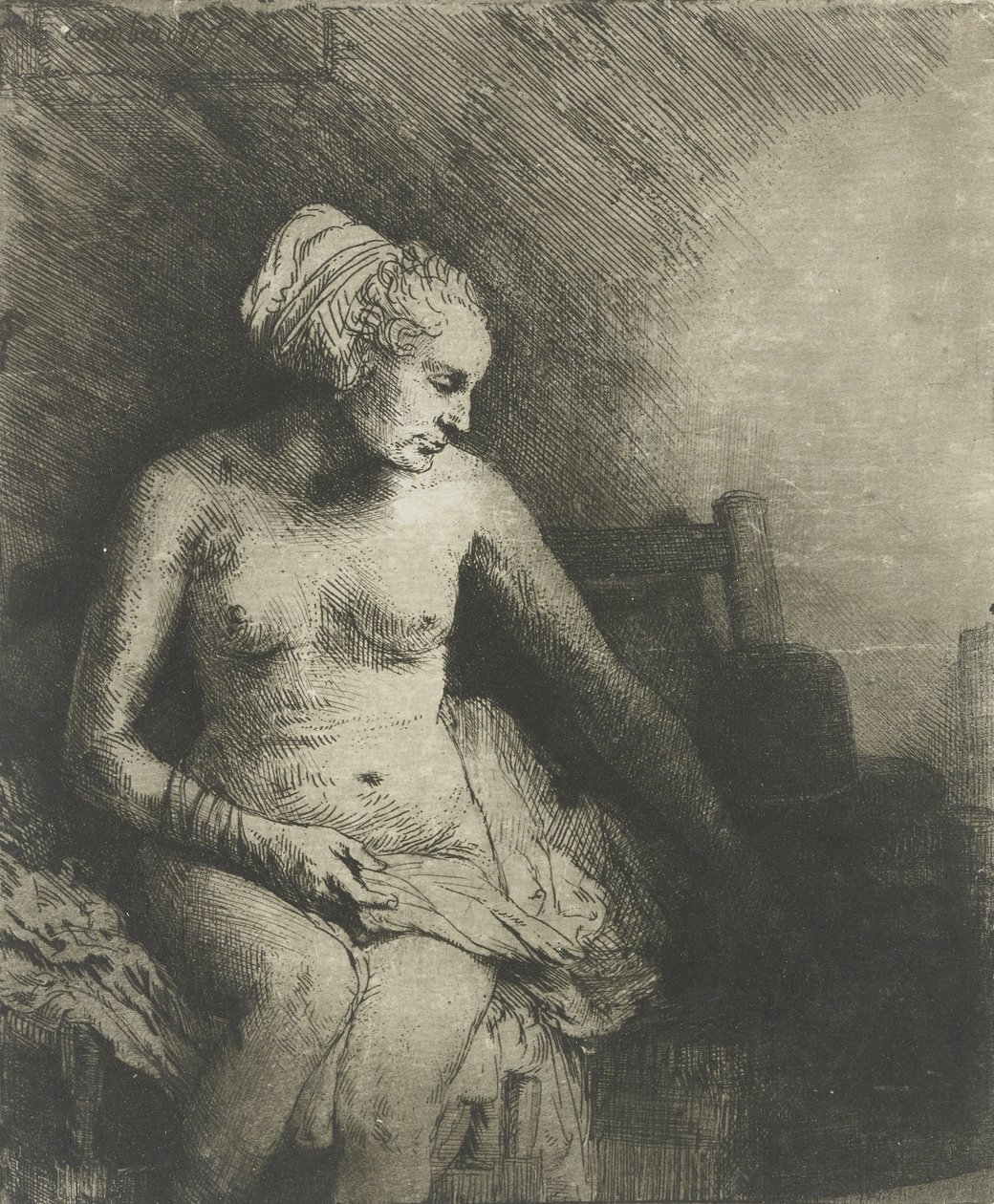 Kvinne ved badet, med en hatt ved siden av seg, 1658 av Rembrandt van Rijn