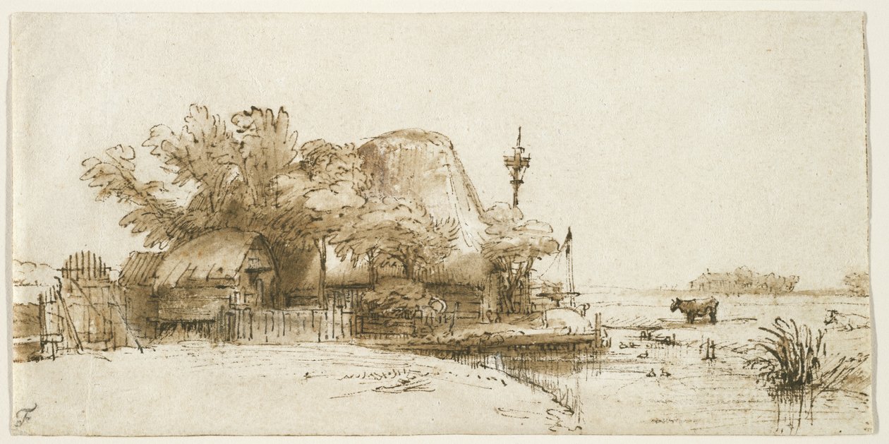 A Farm on the Amsteldijk, ca. 1650-52 (penn og blekk og vask på papir) av Rembrandt van Rijn