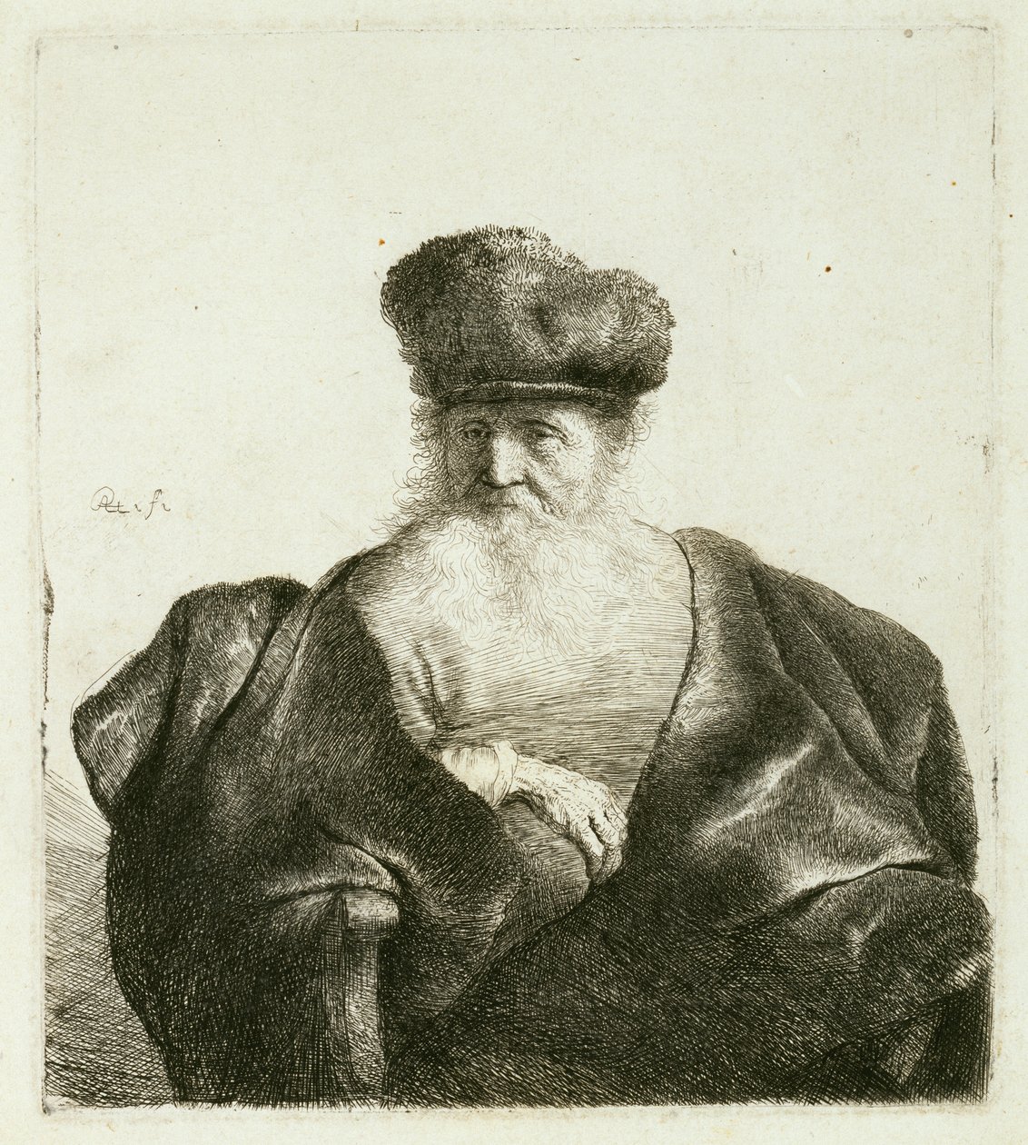 En gammel mann med skjegg, pelshatte og fløyelskappe, ca. 1632 av Rembrandt van Rijn