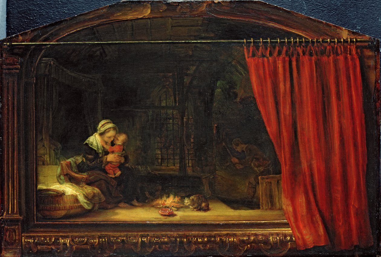 Hellig familie med et gardin, 1646 av Rembrandt van Rijn