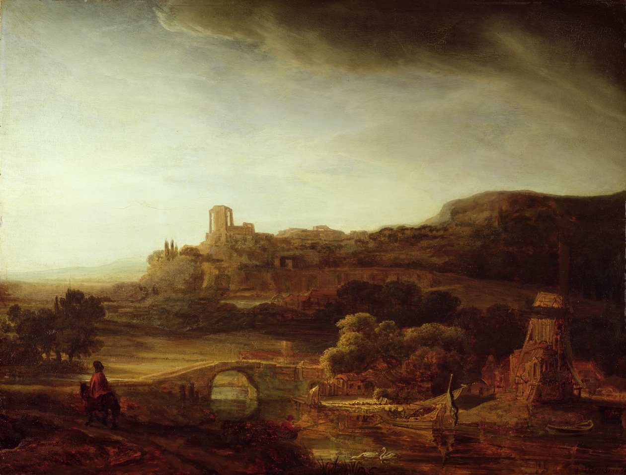 Landskap med elv og vindmølle av Rembrandt van Rijn