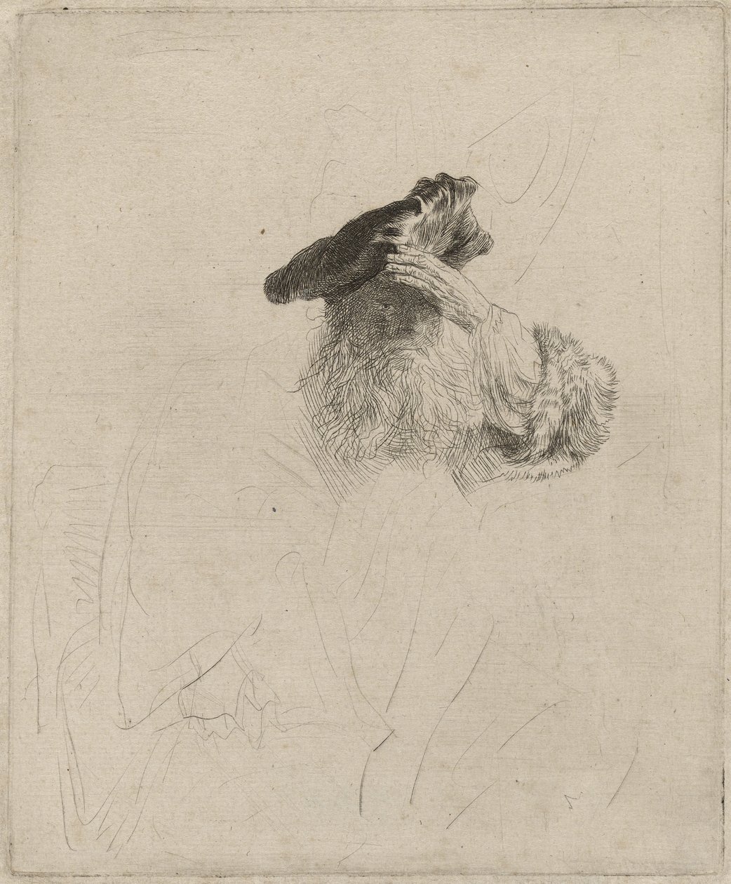 Gammel mann skygger for øynene med hånden, ca. 1639 av Rembrandt van Rijn