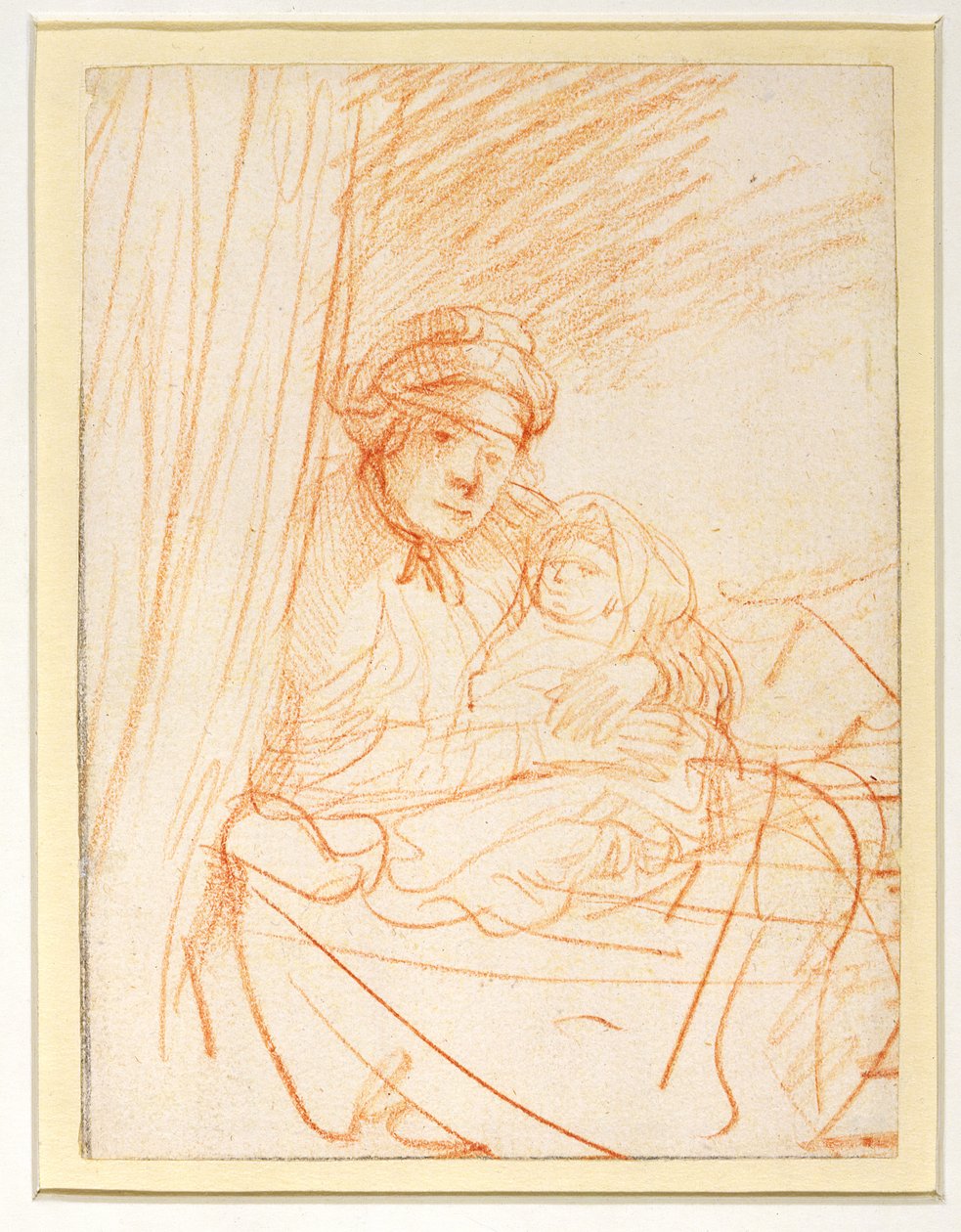 Saskia med sitt første barn Rumbartus, 1635-36 (rødt kritt) av Rembrandt van Rijn