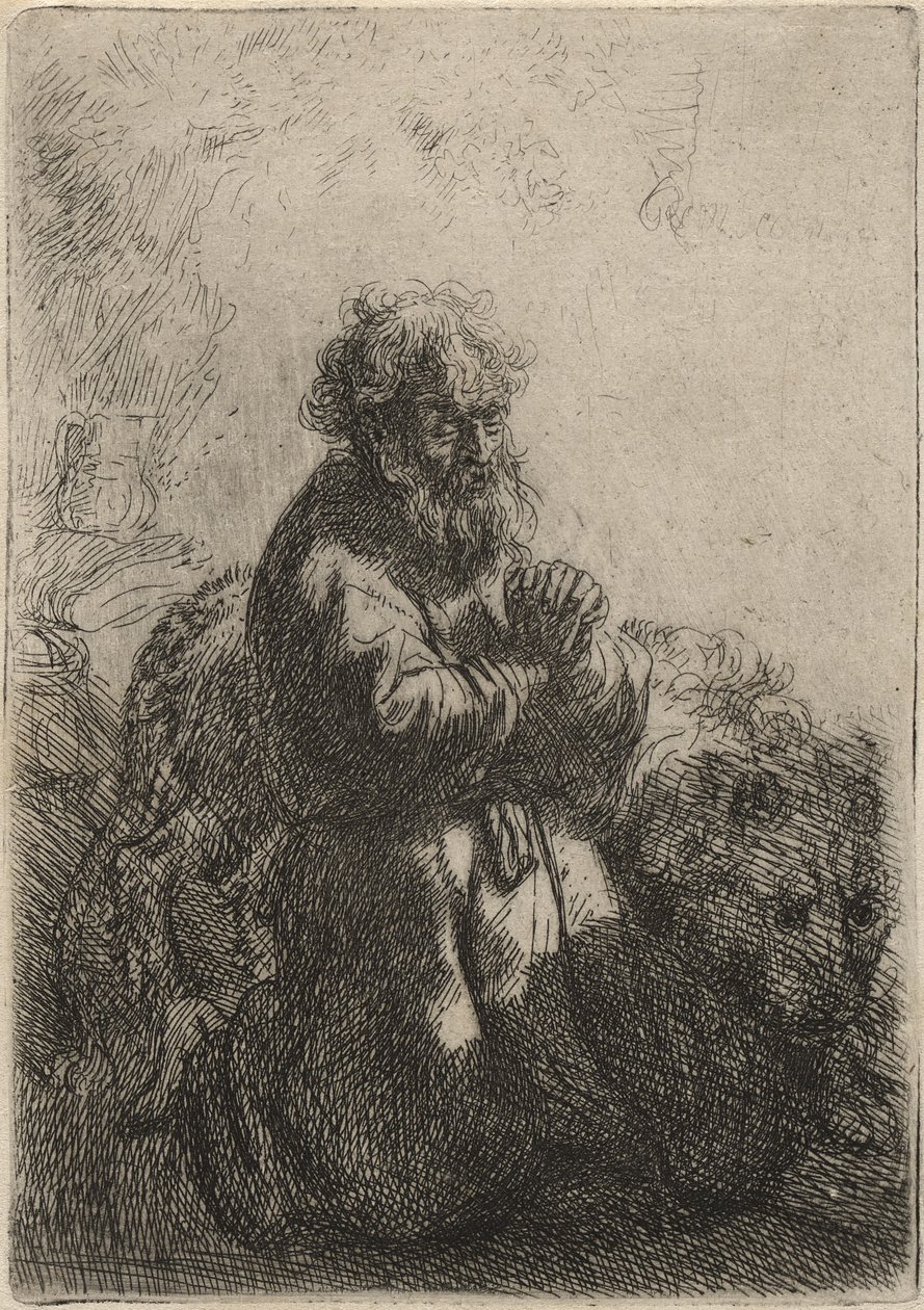 St. Jerome kneler i bønn, ser ned, 1635 (radering på papir) av Rembrandt van Rijn