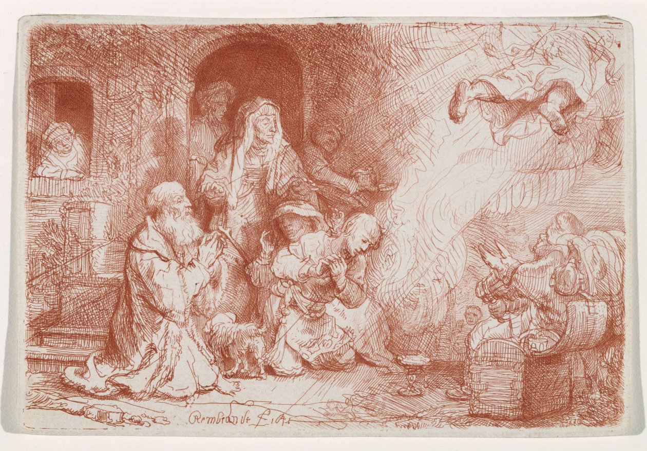The Angel Departing from the Family of Tobias, 1641 (etsing med tørrnipp, trykt i sangvinsk) av Rembrandt van Rijn