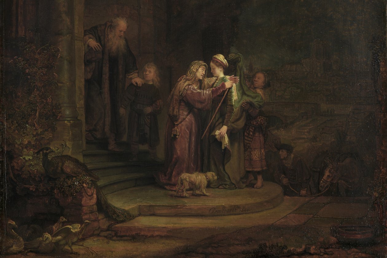 The Visitation, 1640 (olje på sedertrepanel) (detalj av 909142) av Rembrandt van Rijn
