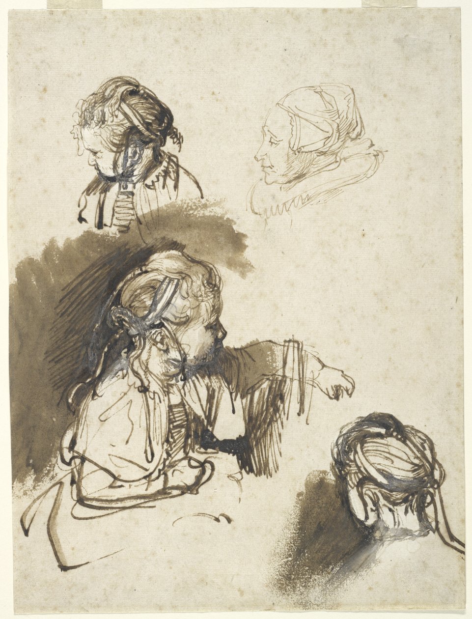 Tre studier av et barn og en av en gammel kvinne (penn og blekk med wc på papir) av Rembrandt van Rijn