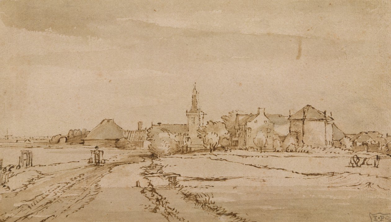 View of Diemen, ca. 1650-52 (penn, brunt blekk, vask på papir) av Rembrandt van Rijn