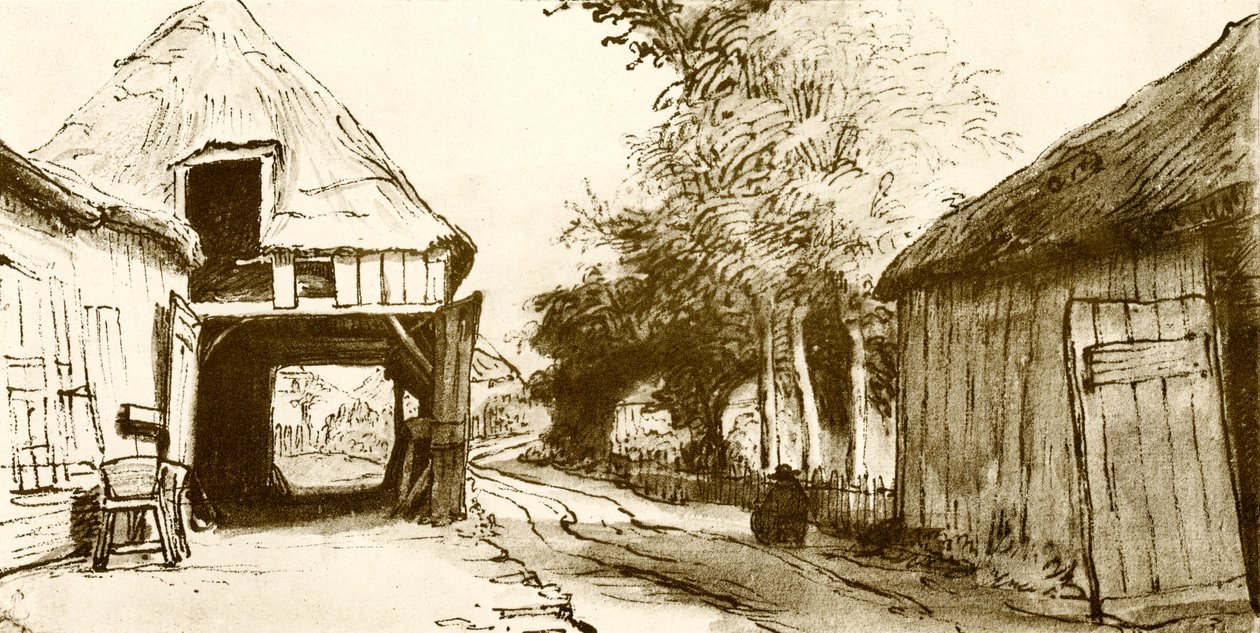 Landsbyvei med skysshus av Rembrandt van Rijn