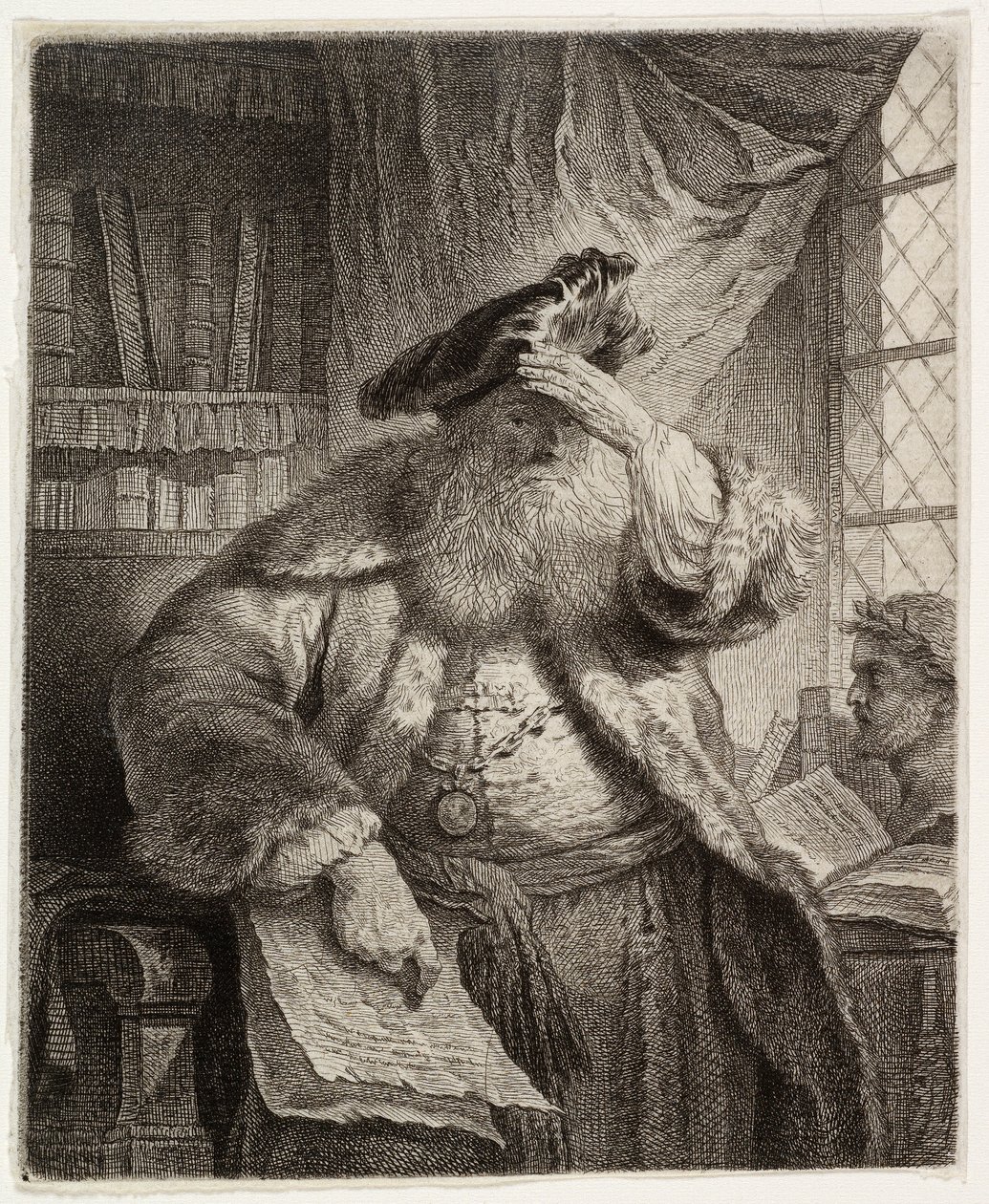 Gammel mann skygger for øynene med hånden av after Rembrandt van Rijn