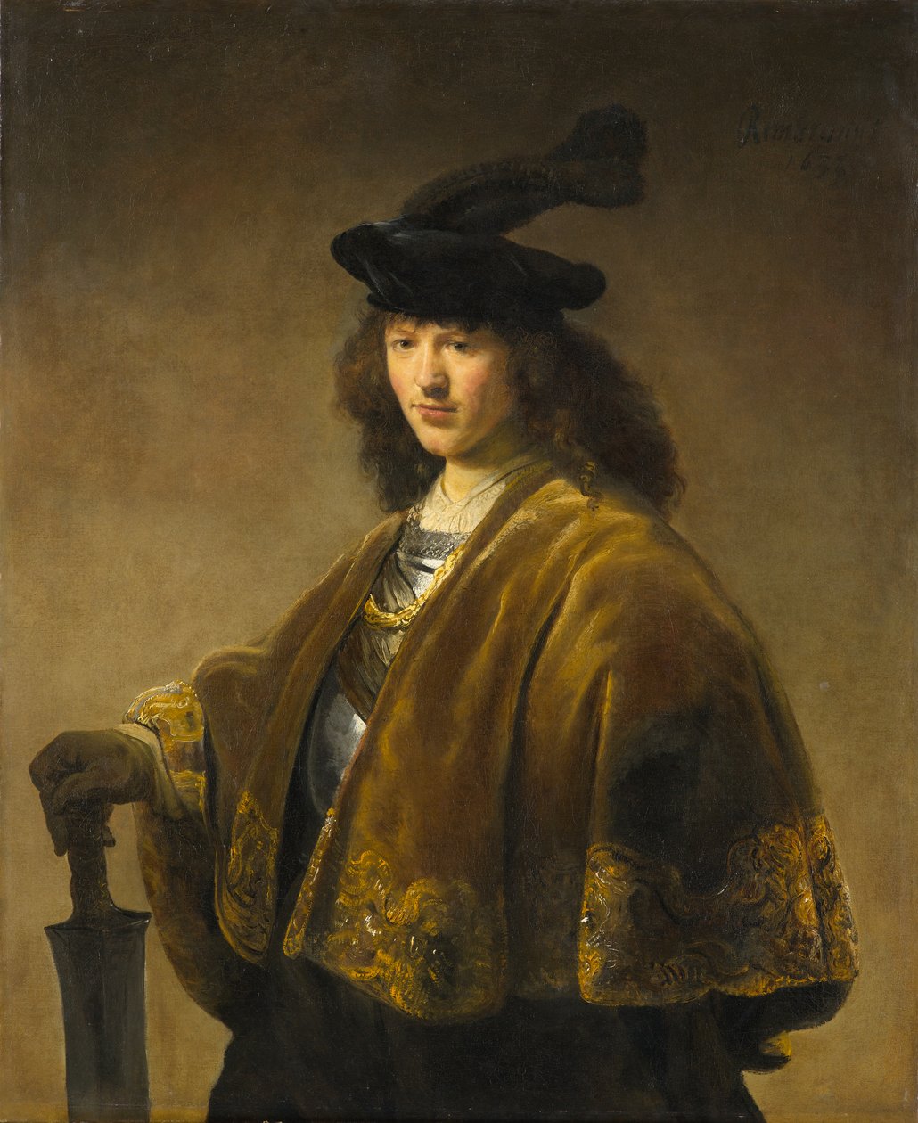 Ung mann med et sverd, ca. 1633-1645 av Rembrandt Harmensz. van Rijn circle of Rembrandt Harmensz. van Rijn circle of