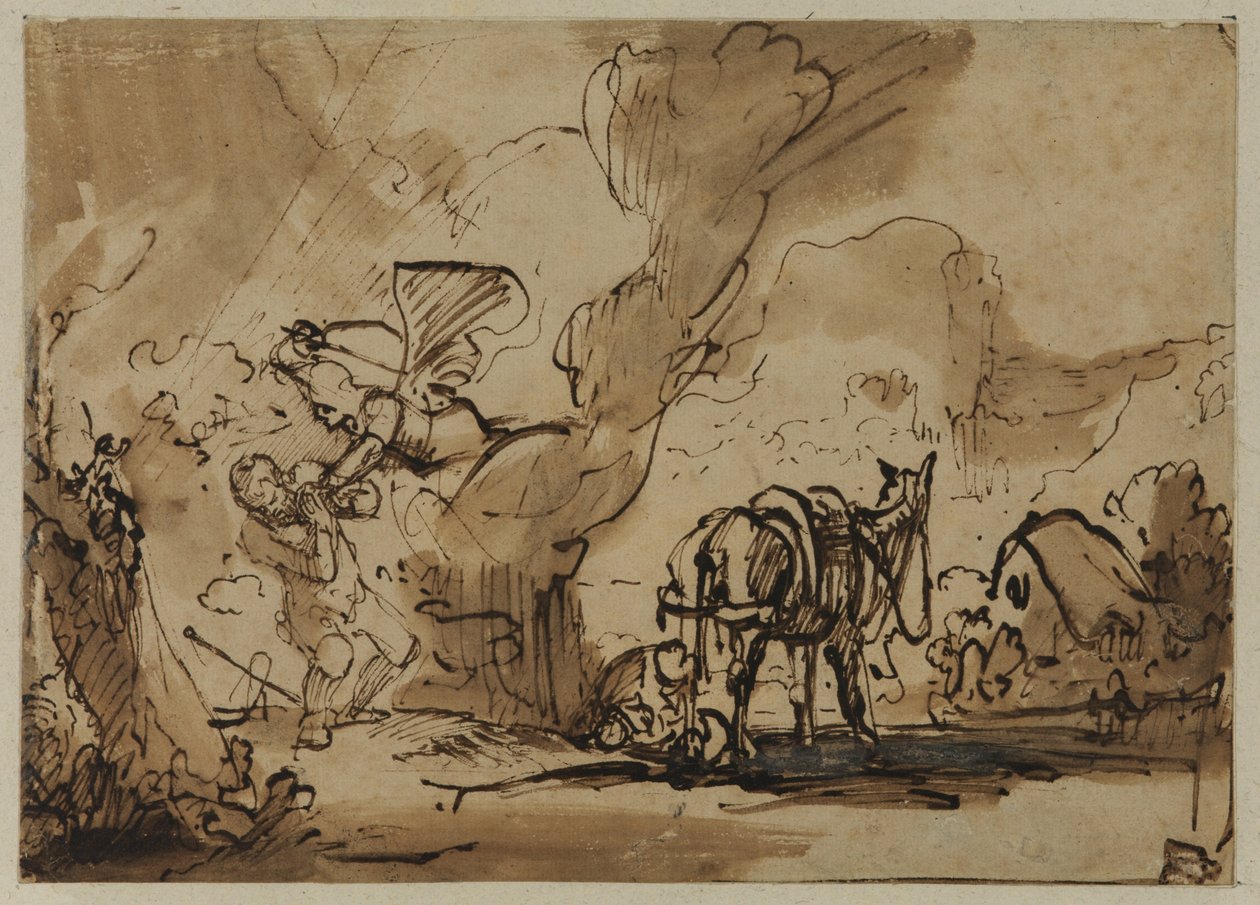 Herrens engel angriper Moses og Sippora omskjærer sønnen deres for å dempe Guds vrede (penn og blekk og wc på papir) av Rembrandt van Rijn