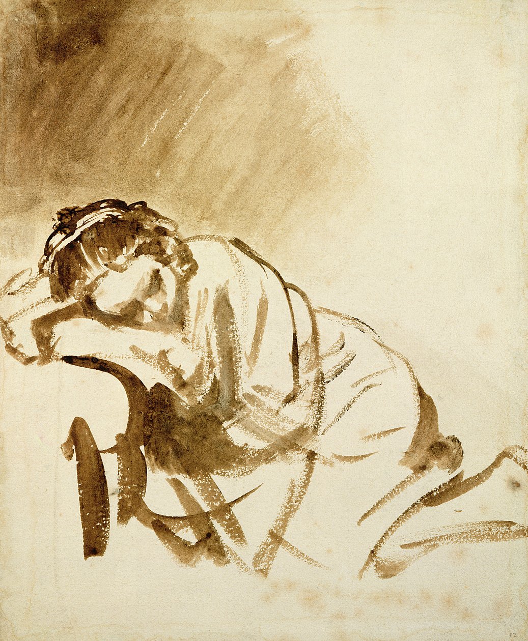 A Young Woman Sleeping (Hendrijke Stoffels) ca. 1654 (børste og brun vask på papir) av Rembrandt van Rijn