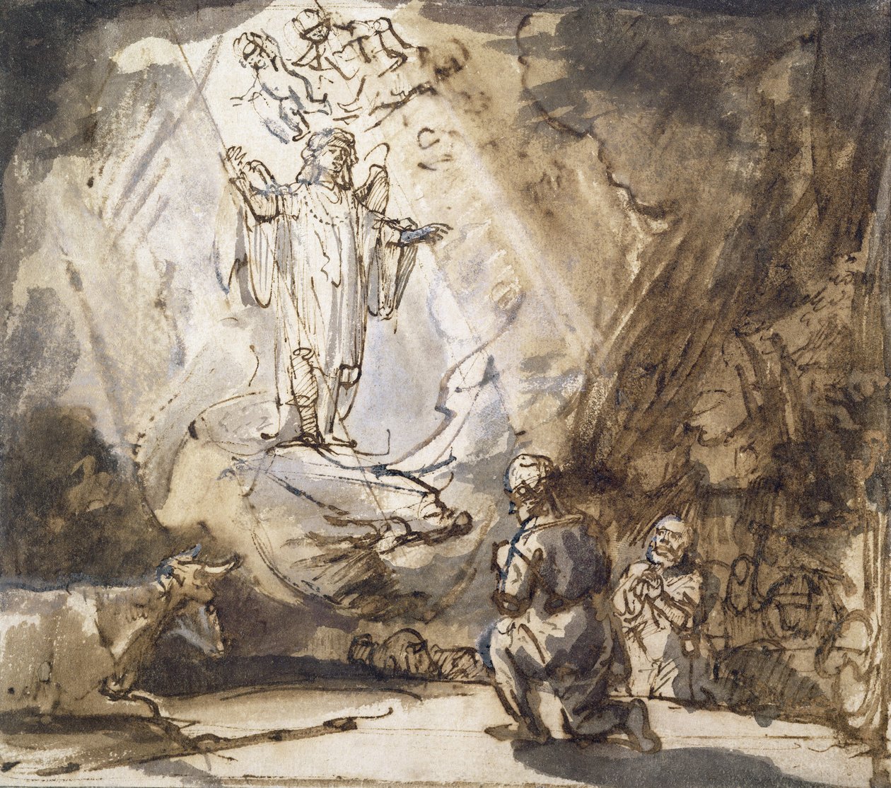 Kunngjøring til hyrdene (penn og blekk på papir) av Rembrandt van Rijn