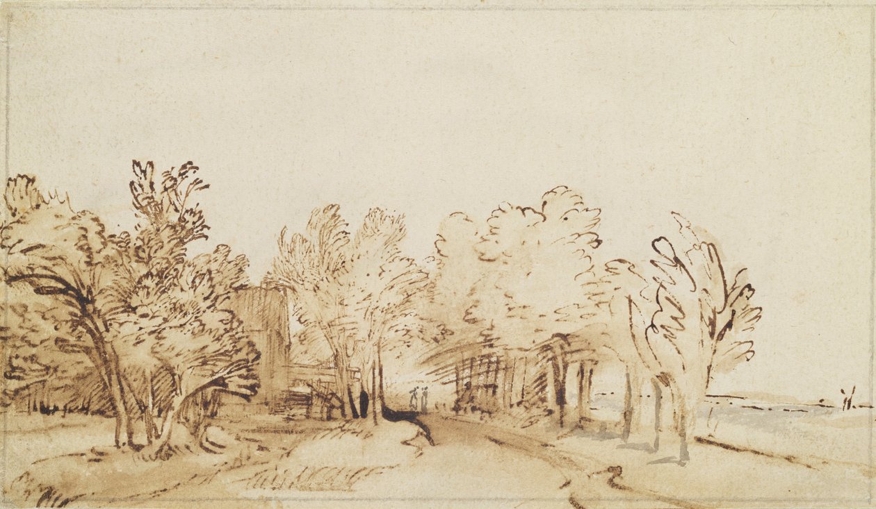 Avenue med en gangsti og et gårdshus til venstre (penn og brunt blekk og pensel på papir) av Rembrandt van Rijn