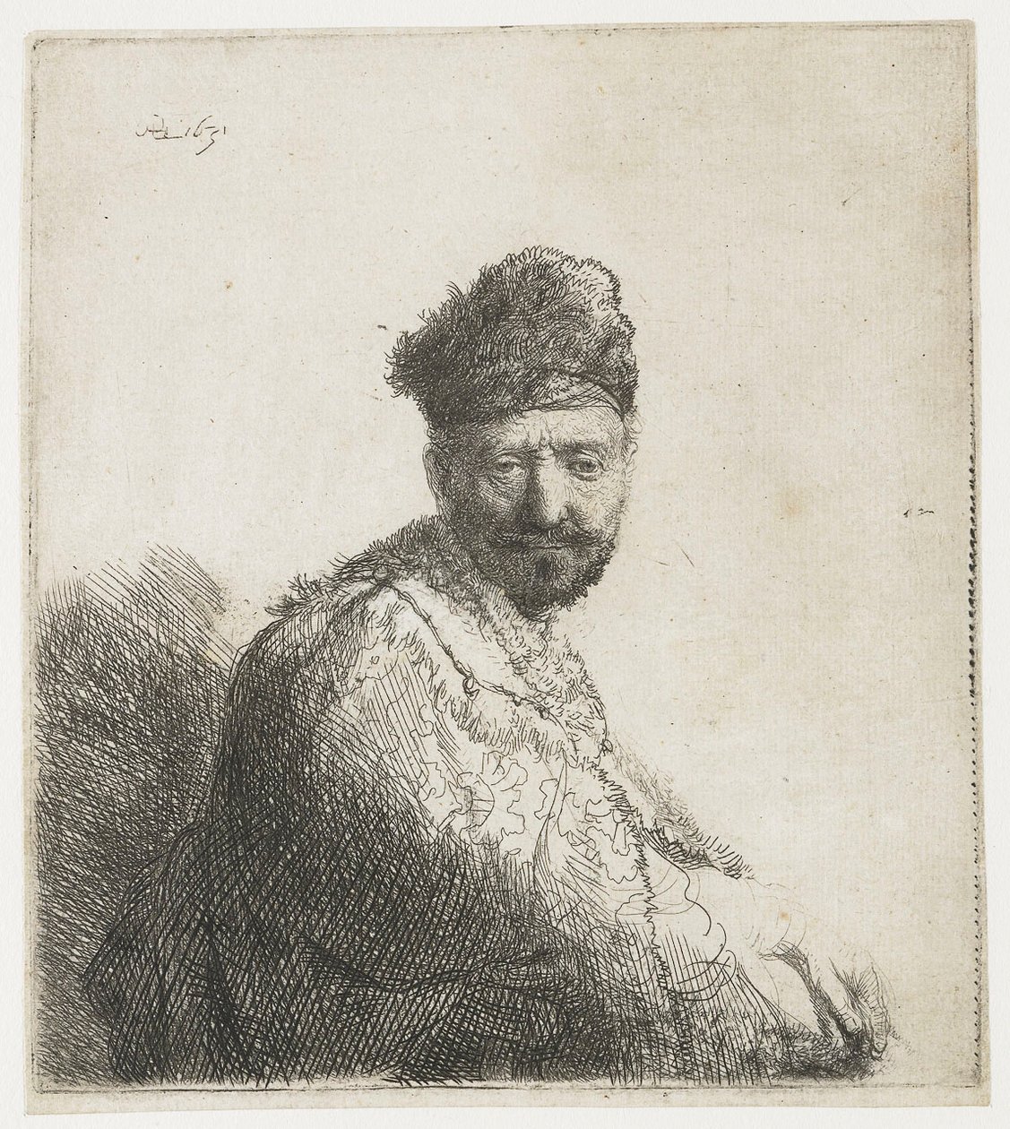 Bearded Man, in a Furd Oriental Cap and Robe: The Artist’s Father av Rembrandt van Rijn