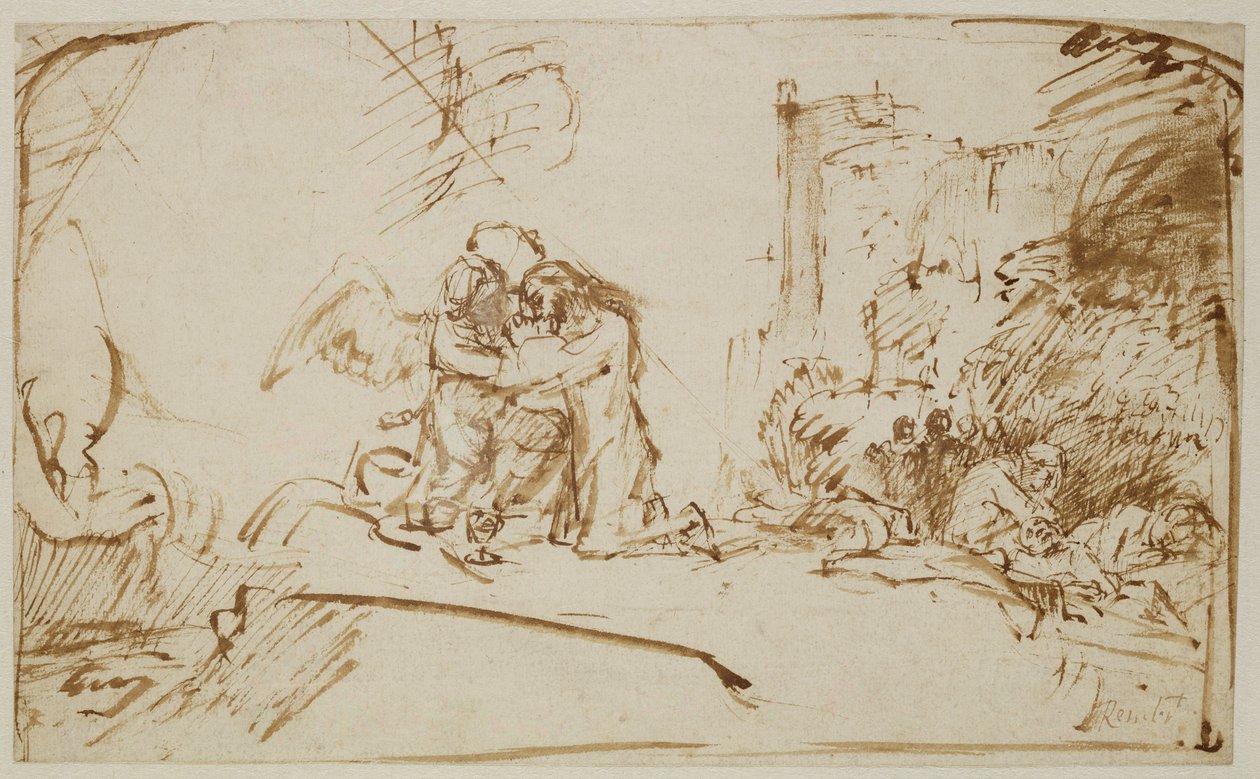 Kristus på Oljeberget (penn, pensel og brunt blekk på papir) av Rembrandt van Rijn