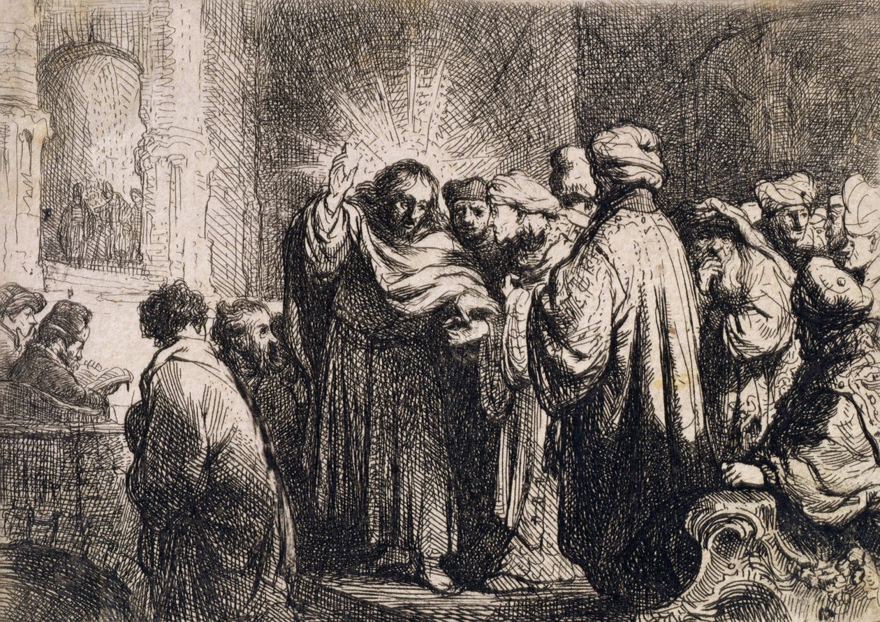 Kristus med de eldste, fra Michael Faradays utklippsbok av Rembrandt van Rijn