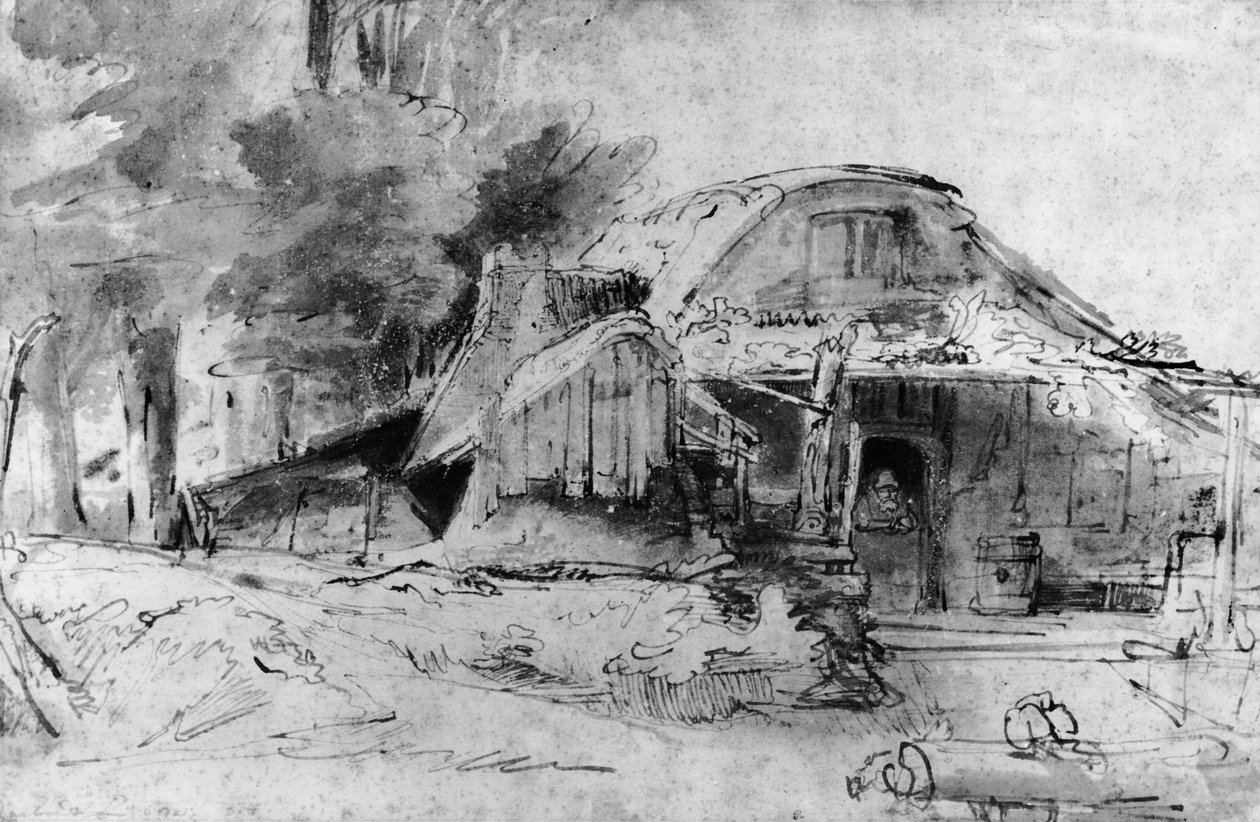 Hytte i utkanten av et tre (penn, blekk og brun vask på papir) av Rembrandt van Rijn
