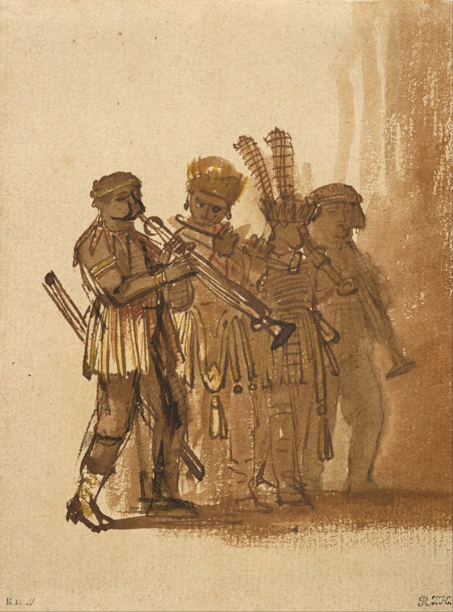 Fire musikere med blåsere av Rembrandt van Rijn