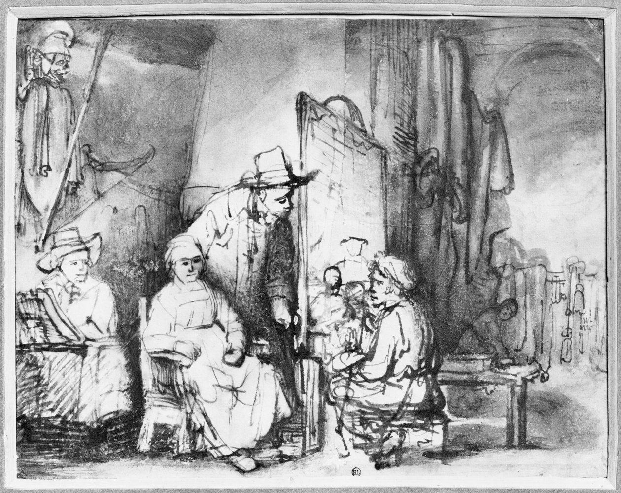 Interiør i et studio med en maler som maler portrettet av et par (penn, blekk, bistre og vask på papir) av Rembrandt van Rijn