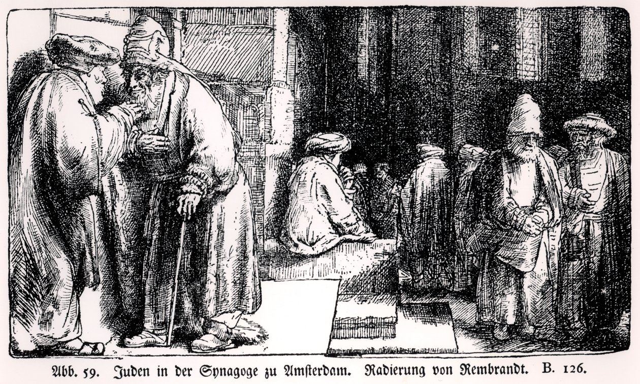 Jøder i synagogen i Amsterdam, gravert av kunstneren av Rembrandt van Rijn