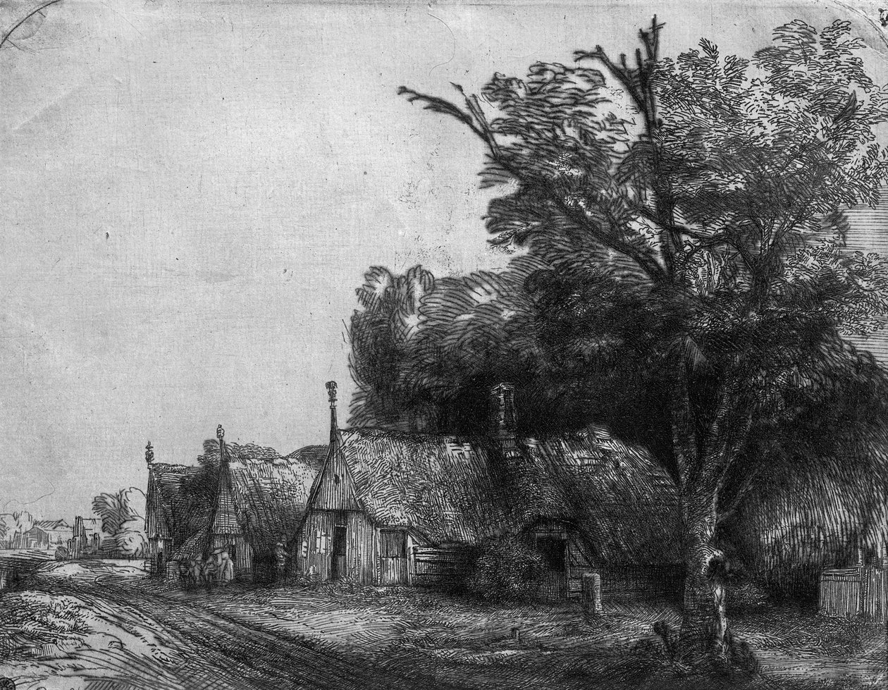 Landskap med tre hytter, 1650 av Rembrandt van Rijn