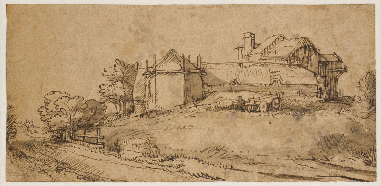 Landskap med et våningshus og en høfjøs av Rembrandt van Rijn