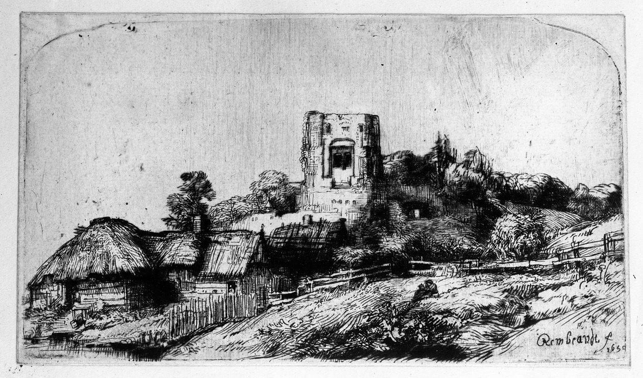 Landskap med et tårn, 1650 av Rembrandt van Rijn