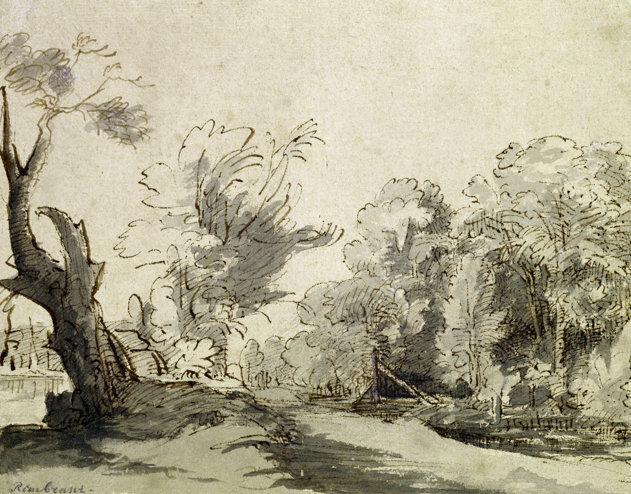 Landskap med en sti, et nesten dødt tre til venstre og en gangbro som fører til en gård til høyre (penn, blekk og vask på papir) av Rembrandt van Rijn