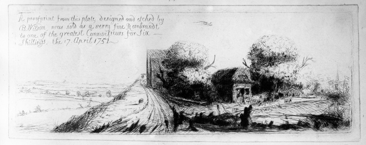 Landskap med landevei og hytter, etset av Benjamin Wilson, 1751 av Rembrandt van Rijn