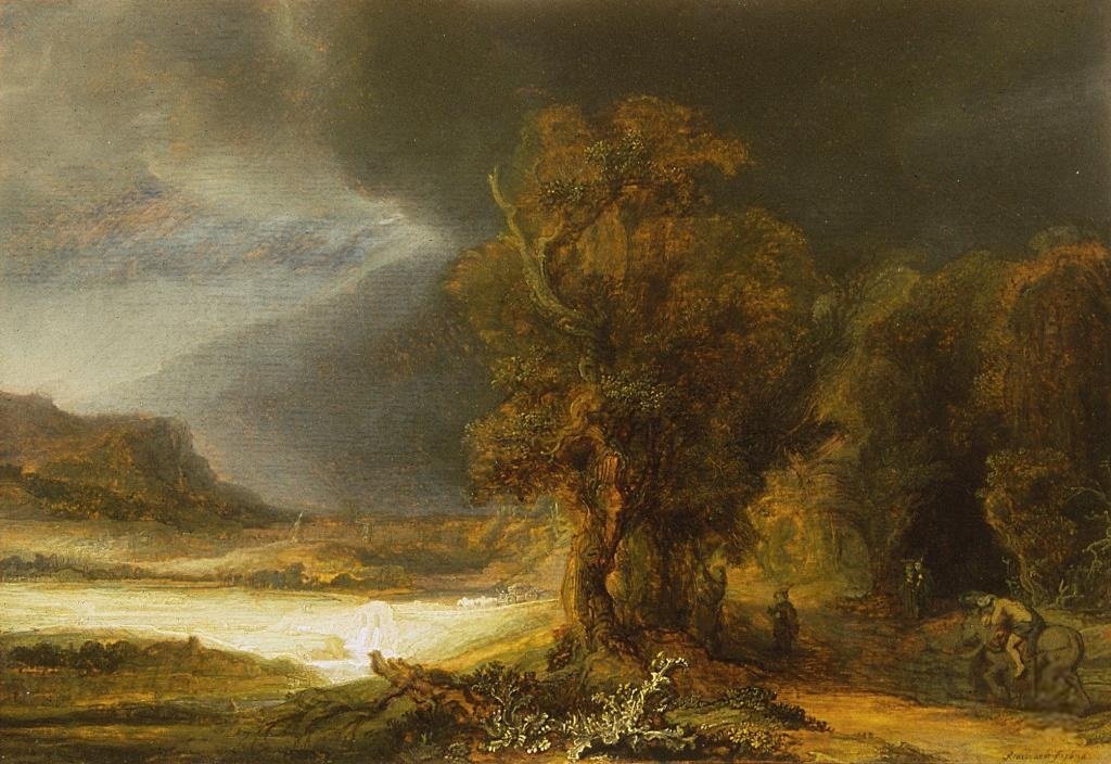 Landskap med den barmhjertige samaritan av Rembrandt van Rijn
