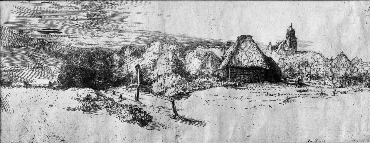 Stort landskap med tårn, ca. 1650 av Rembrandt van Rijn