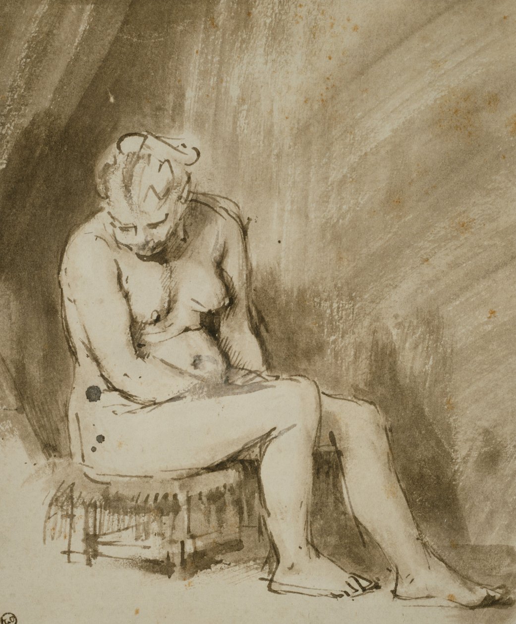 Naken kvinne sitter på en krakk av Rembrandt van Rijn