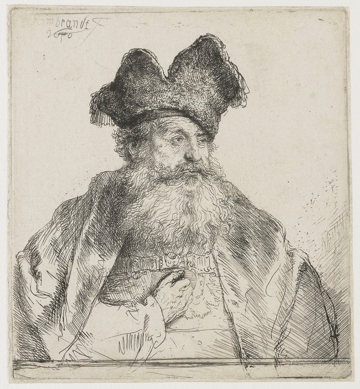 Gammel mann med delt pelshette av Rembrandt van Rijn