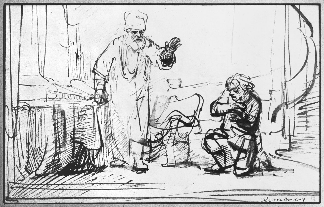 Lignelse om den hensynsløse kreditor (pen und bistre på papir) av Rembrandt van Rijn