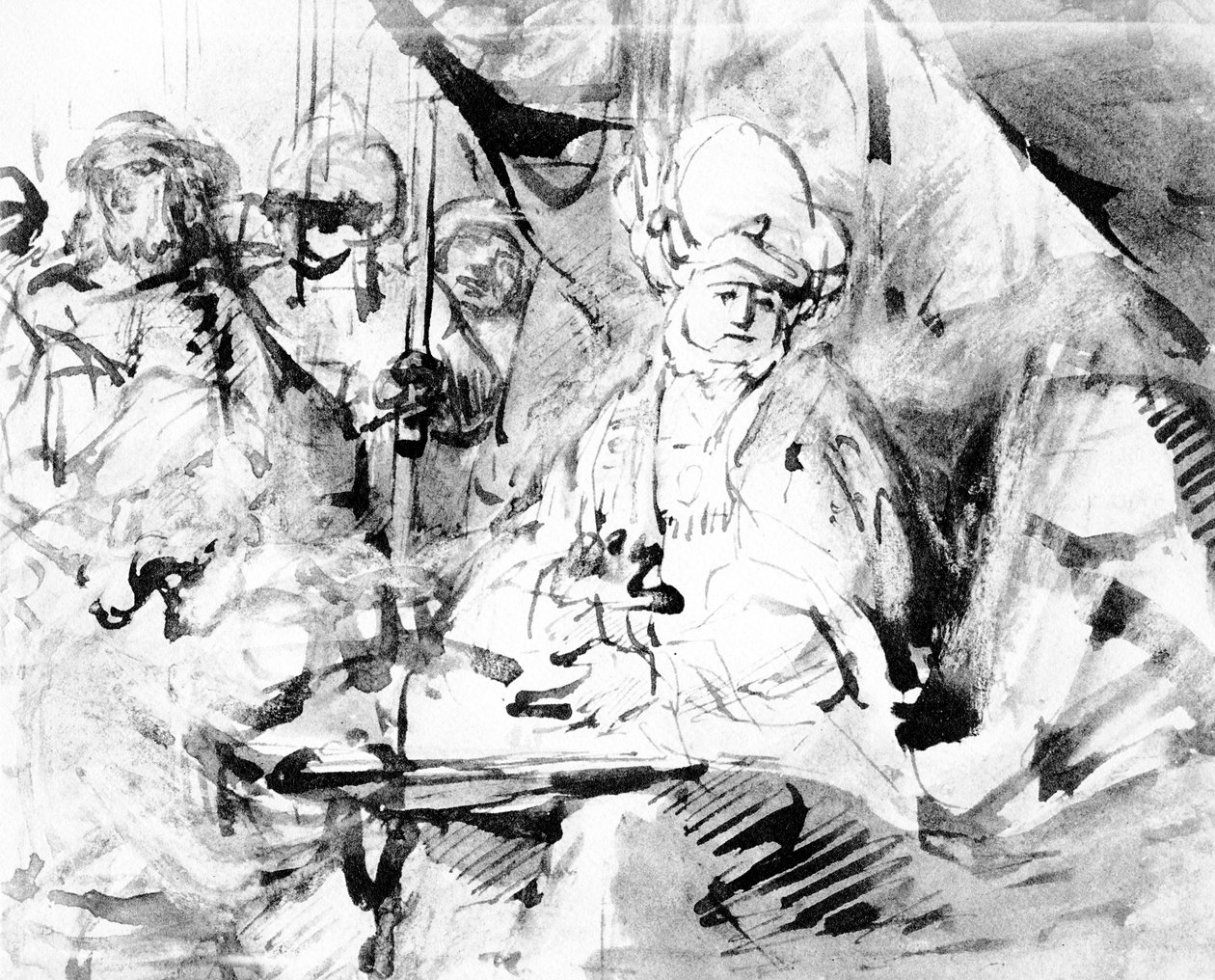 Pilatus vasker hendene, ca. 1665 (penn, blekk og vask på papir) av Rembrandt van Rijn