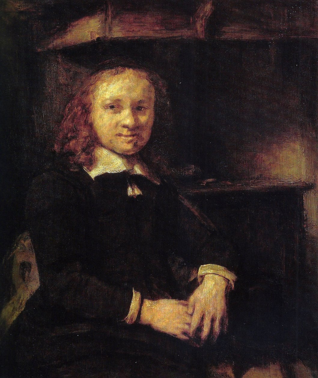 Portrett av Jan Boursse, sitter ved en komfyr av Rembrandt van Rijn