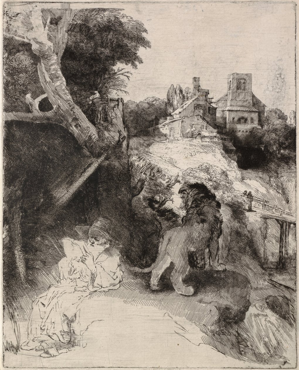 Saint Jerome Reading i et italiensk landskap av Rembrandt van Rijn