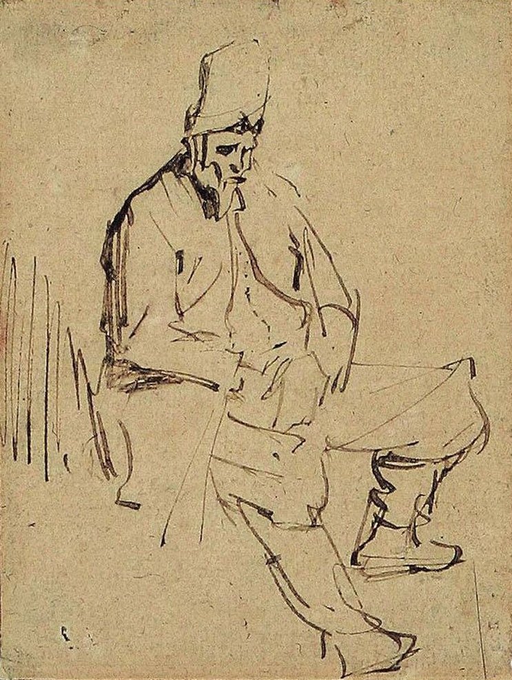 Sittende mann med høy cap av Rembrandt van Rijn