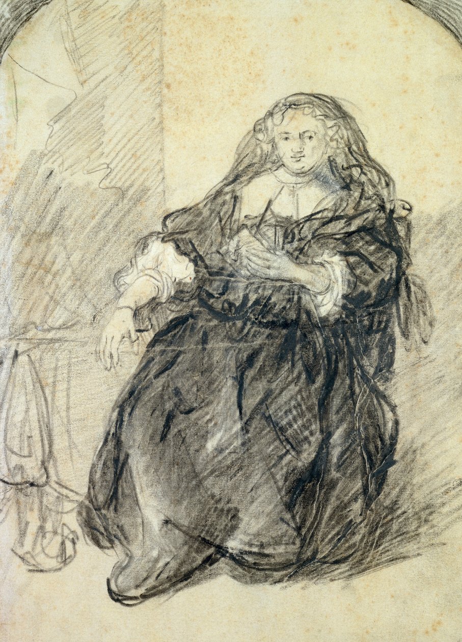 Sittende Saskia med en bokstav i venstre hånd (svart kritt med hvit kroppsfarge på papir) av Rembrandt van Rijn
