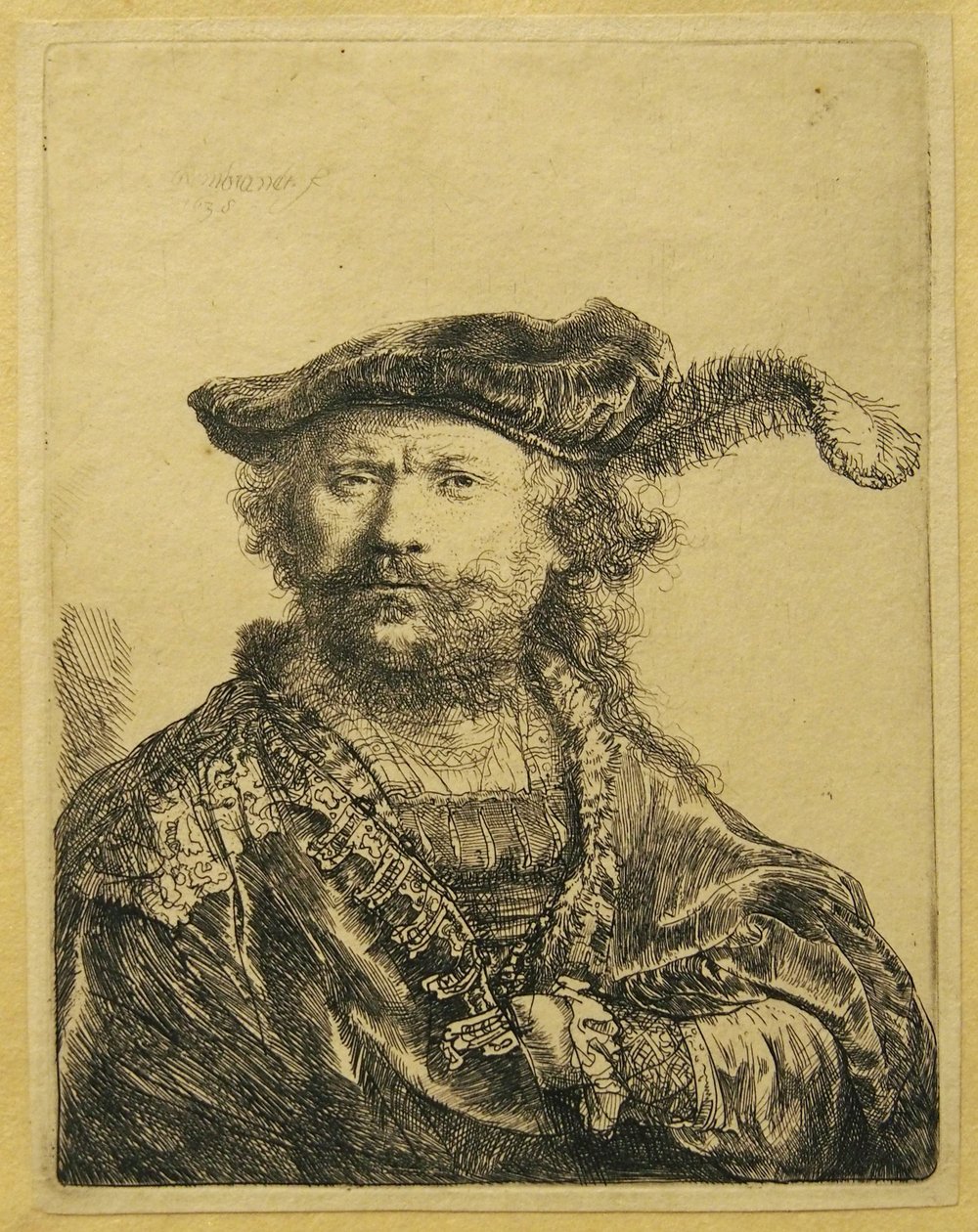 Selvportrett med en fjær på hatten av Rembrandt van Rijn