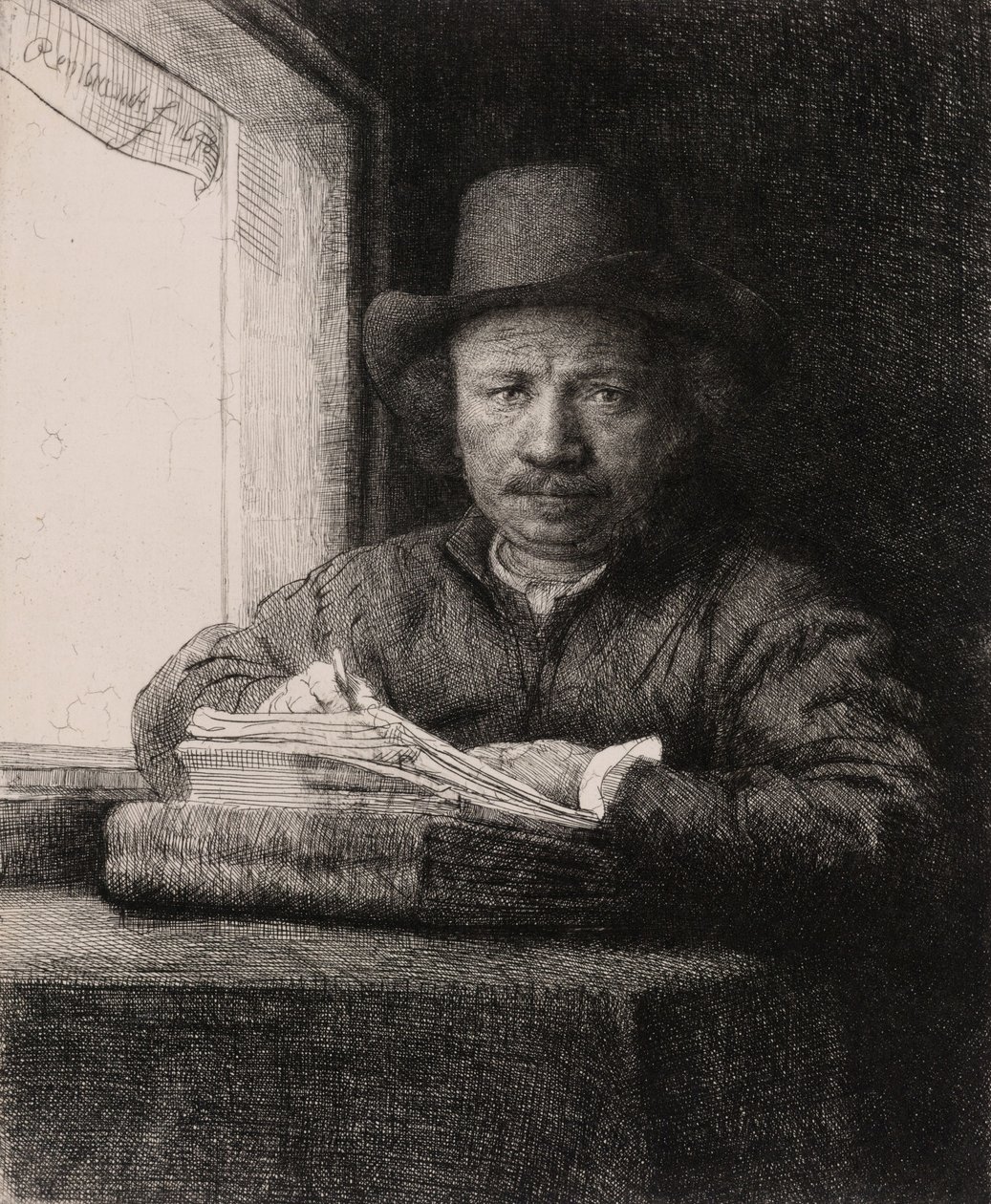 Selvportrett tegning ved et vindu av Rembrandt van Rijn