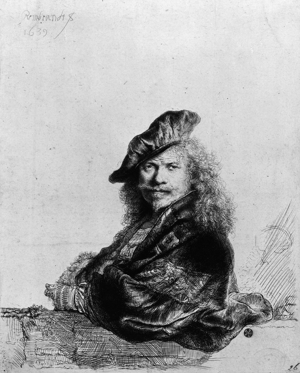 Selvportrett lent på en terskel i stein, 1639 av Rembrandt van Rijn