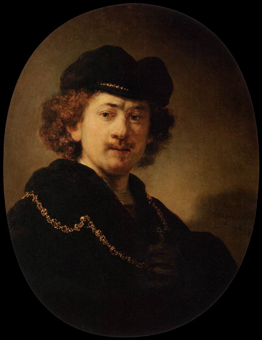 Selvportrett iført toque og gullkjede av Rembrandt van Rijn