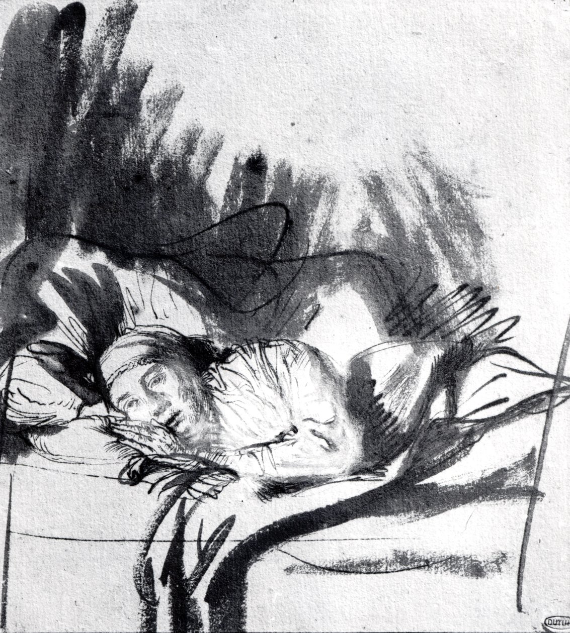 Syk kvinne i en seng, kanskje Saskia, kona til maleren, ca. 1640 (pen und bistre på papir) av Rembrandt van Rijn