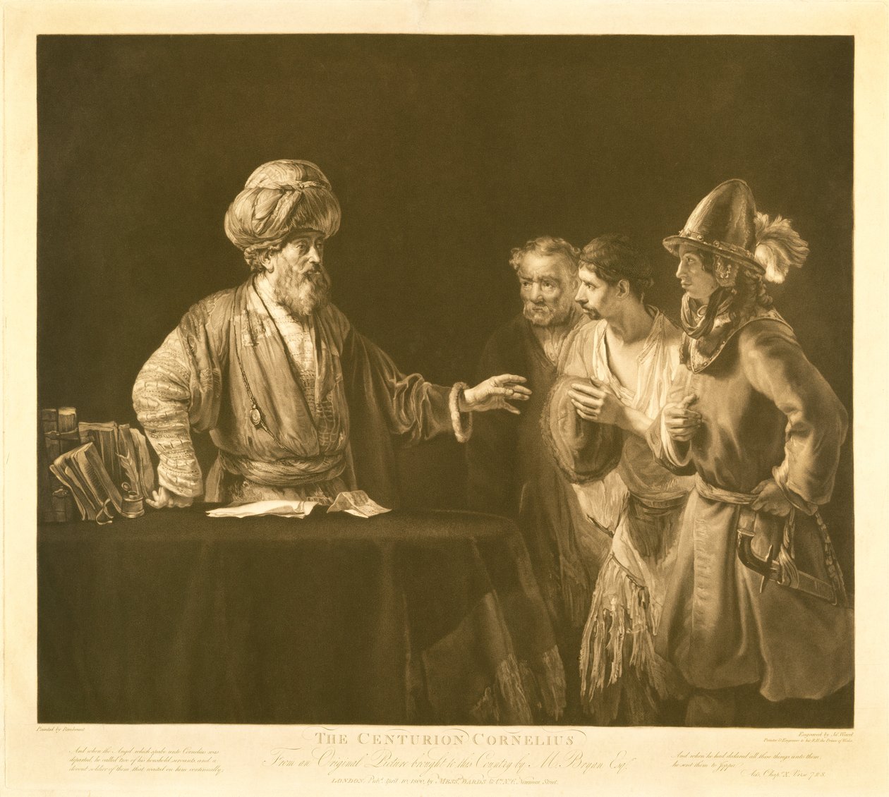 Den romerske centurion Cornelius beordrer sine tjenere å gå til Joppe for å be apostelen Peter besøke ham i Caeserea, gravert av James Ward (1769-1859) 1800 (brun og hvit gravering) av Rembrandt van Rijn